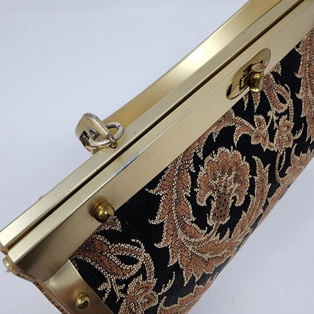 VTG 1950s Natalizio Of Miami Handbag‎ Gold Metal Brown Black Paisley Damask MCM